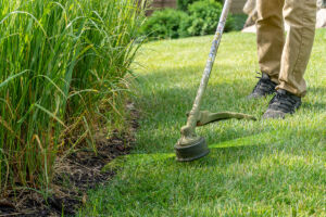 Employee in work boots and khaki pants weed whacks the edge of a lawn next to ornamental grass