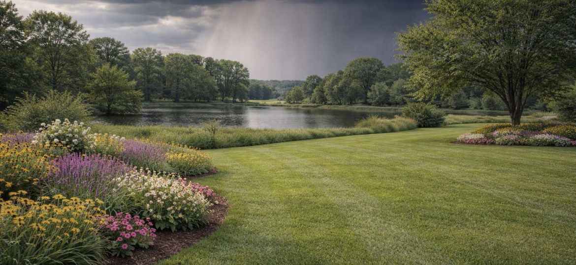 April showers blog feature with cloudy rainy skies over lush lawn and flowers
