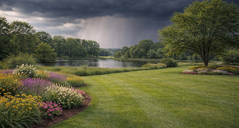 April showers blog feature with cloudy rainy skies over lush lawn and flowers