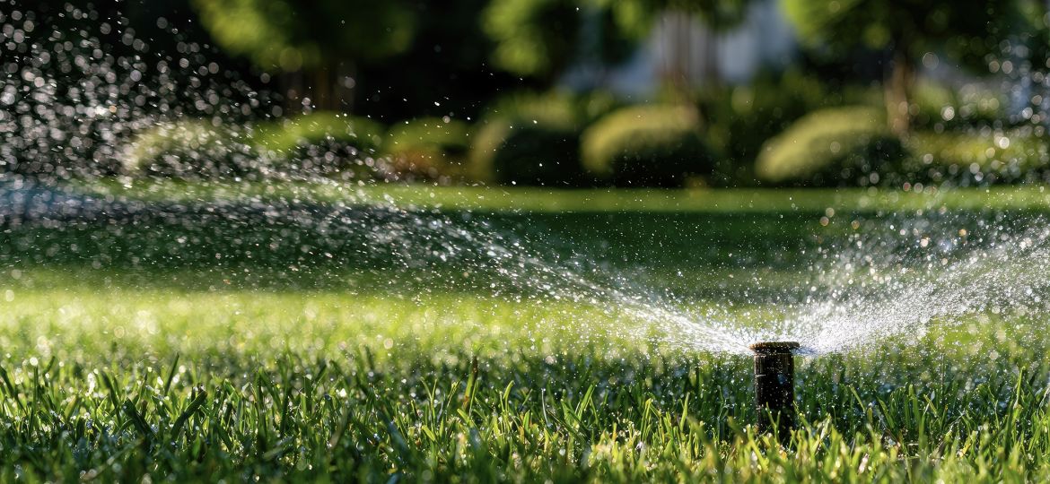 Irrigation sprinkler spraying on green grass with trees in the background
